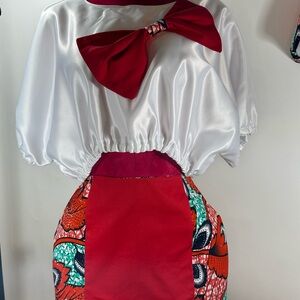 Elegant White and Red Dress with Bow